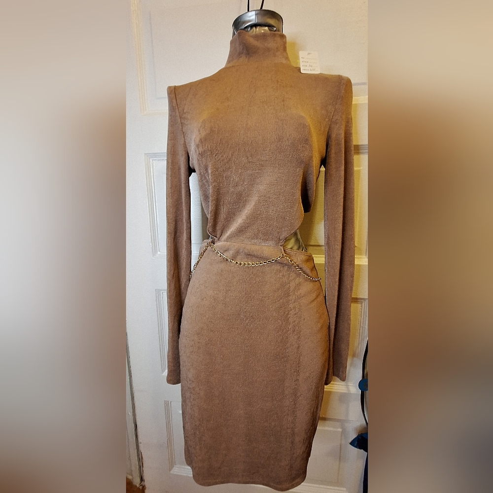 Elegant Chain Detail Dress in Taupe New